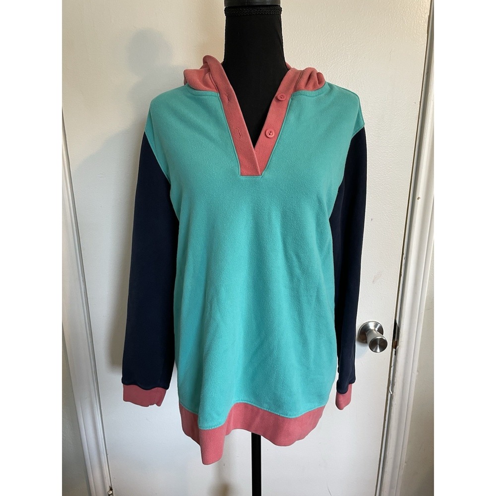 Women's LANDS' END Serious Sweats Bright Color Block 80s‎ Pullover Hoodie Size M